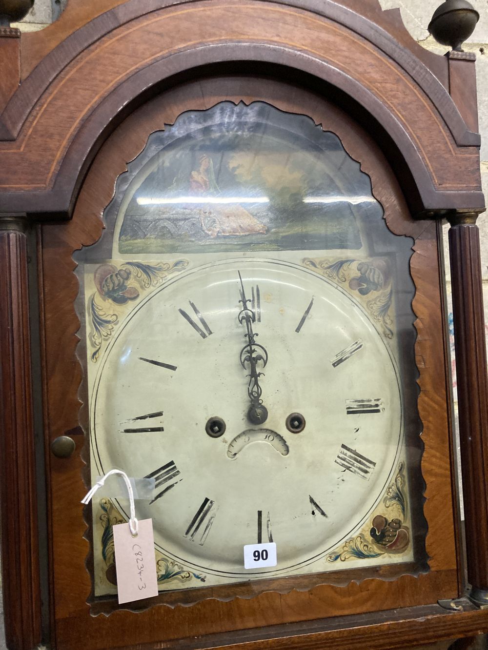 An early 19th century inlaid mahogany eight day longcase clock, height 224cm